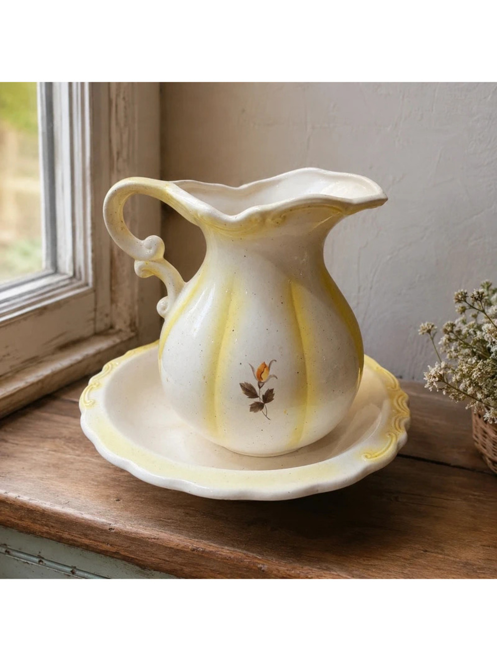 Vintage Cottage Pitcher & Wash Basin Set Yellow Stripe Pottery